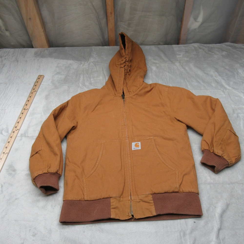 Carhartt Jacket Kids Medium 10-12 Brown Duck Active Canvas Quilt Lined Hood J140
